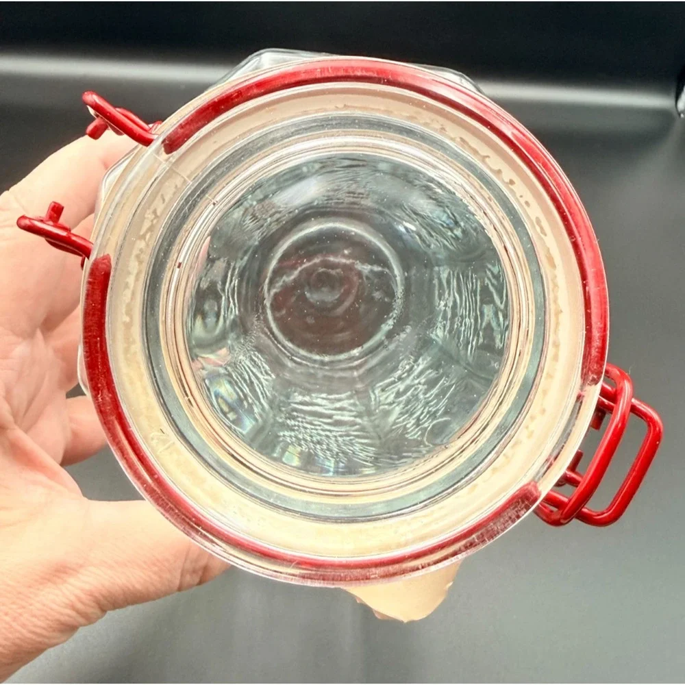 Vintage Glass Storage Jar Octagon Embossed Fruits Vegetable France Red Wire Bale